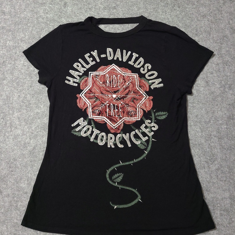 Harley Davidson Graphic Tee Women Medium Black Rose Rhinestone Cutout